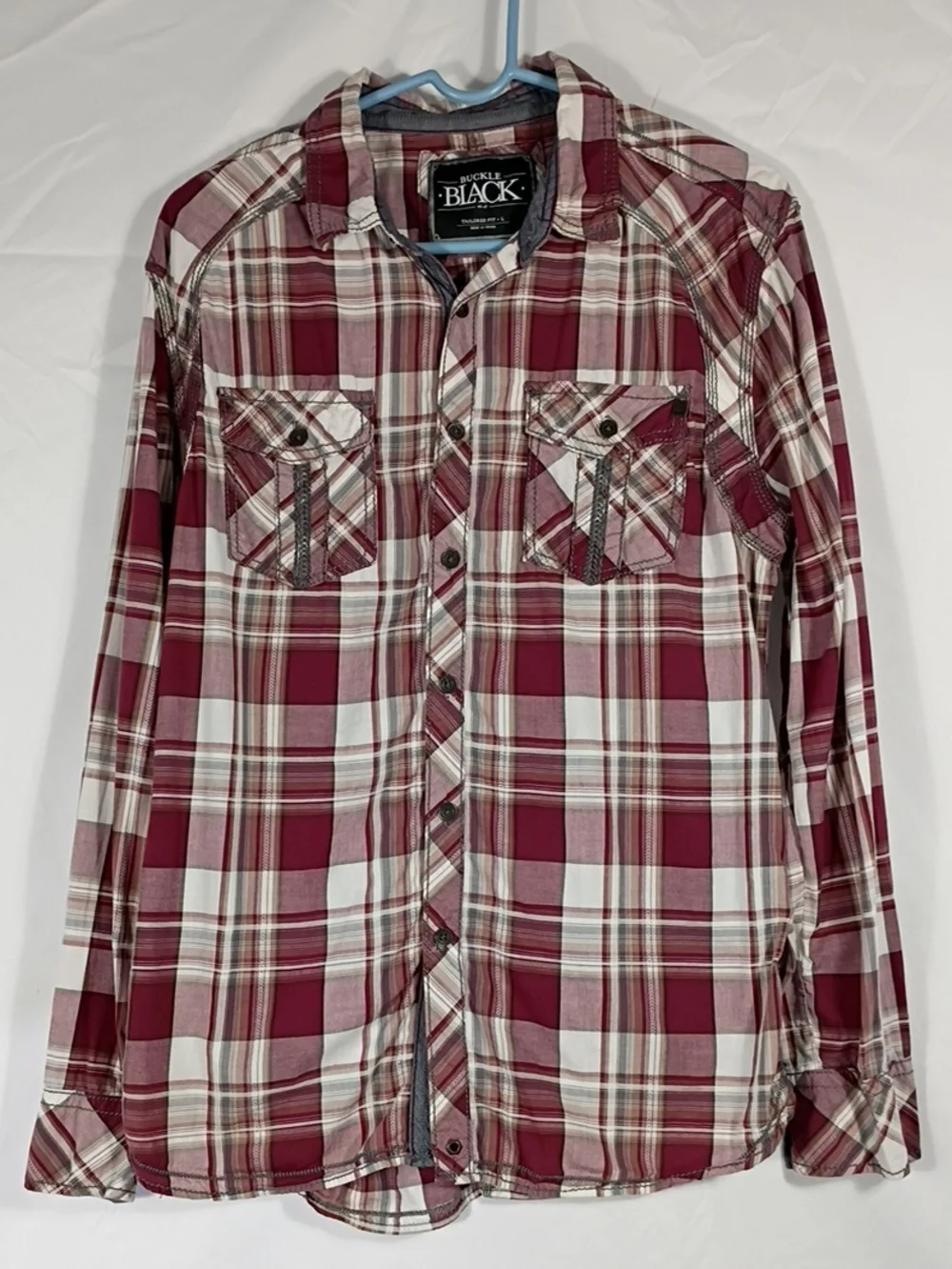 EUC Buckle Black Men's Burgundy/White Plaid Button-Down Shirt Tailored Fit Sz Lg
